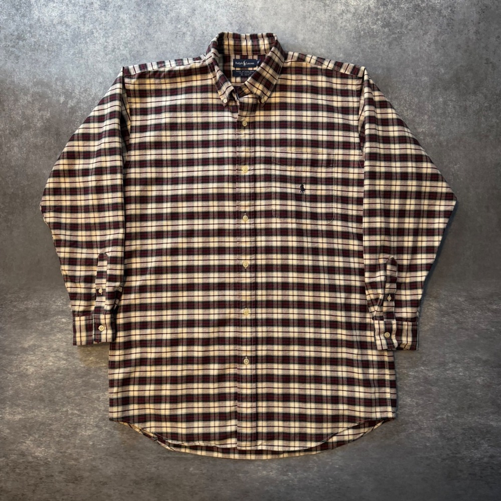 Polo Ralph Lauren Plaid Button Down Shirt Men XL Burgundy Cream Cotton L/S